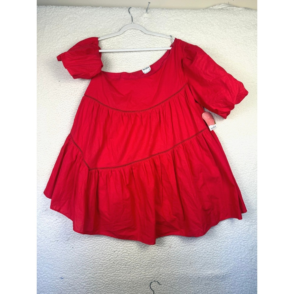 Arula Dress Womens 1X Red Amazing Puff Sleeve Tiered Cottagecore Summer Sundress